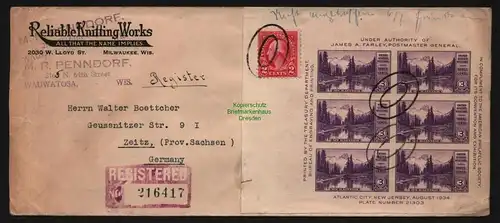 B12676 USA Brief Block 5 Ausstellung in Atlantic City 1934 nach Zeitz Germany