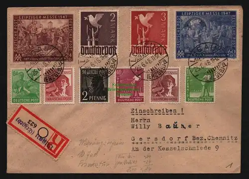 B12632 SBZ Brief Zehnfach Währungsreform 25.6.48 Lugau m. 3.- Taube 961 Gersdorf