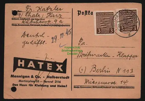 B12621 SBZ 2x 67 X MeF portogerechte Mehrfachfrankatur Thale Harz 1945 Bedarf