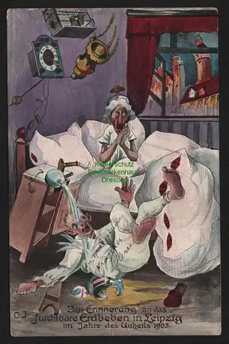 149344 AK Leipzig 1905 Humor furchtbares Erdbeben  Mann fällt aus Bett