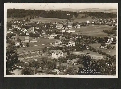 22920 AK Bad Altheide Blick v. Töpferberg, gelaufen 1930, Marke abgelöst