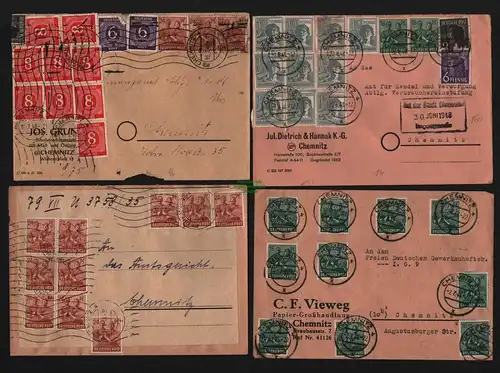 B12729 SBZ Währungsreform 1948 Zehnfach Frankatur 4x Brief Chemnitz 10x 949