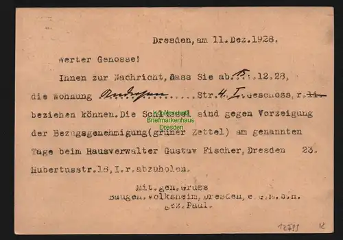 B12799  DR Deutsches Reich Postkarte 1928 Dresden Baugenossenschaft Volksheim