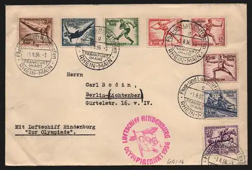 B13457 DR Deutsches Reich Karte 1936 Luftschiff Hindenburg Olympiafahrt 609-616