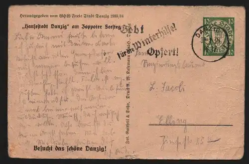 B13490 Danzig seltene Ganzsache WHW 1934 Am Zoppoter Seesteg gebraucht