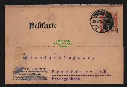 B12797 DR Deutsches Reich Magdeburg 1920 Perfin Firmenlochung Schäffer & Bud