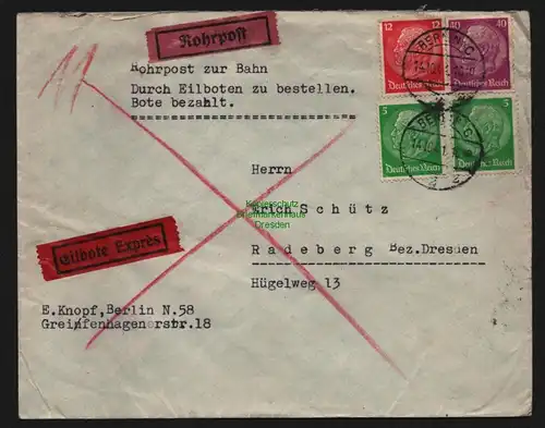 B12779 DR Deutsches Reich Rohrpost zur Bahn 14.10.1941 nach Radeberg bei Dresden