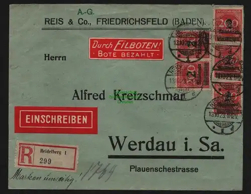 B12777 DR 1923 Brief 1923 Perfin  = Reis & Co. Friedrichsfeld Baden Heidelberg