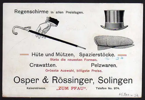 65801 AK Solingen Osper & Rössinger Hüte Schirme Pelze