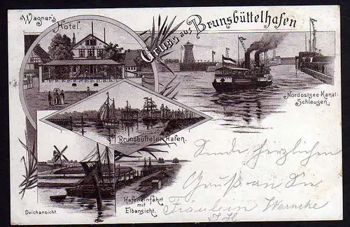 65117 AK Brunsbüttelhafen 1897 Litho Deich Mole Windmühle Wagners Hotel Nordo