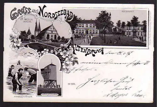 65120 AK Litho Nordseebad Altenbruch 1897 Krabbenfänger Leuchtturm Wallers Hotel