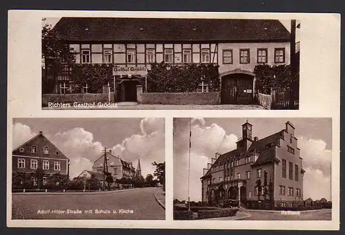 64276 AK Gröditz Richters Gasthof Schule Kirche Rathaus