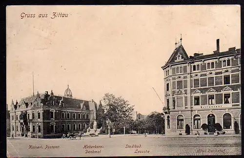 64069 AK Zittau Hotel Reichshof Postamt Stadtbad Haberkorn Denkmal 1906