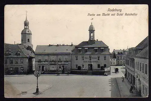 62233 AK Radeburg 1909 Hotel Brot Mehl Futterhandlung Markt Halle Fahrrad