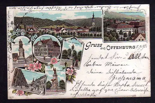 100690 AK Offenburg Baden Litho 1897 Rathaus Bahnhofstrasse Lehr- und Erziehungs