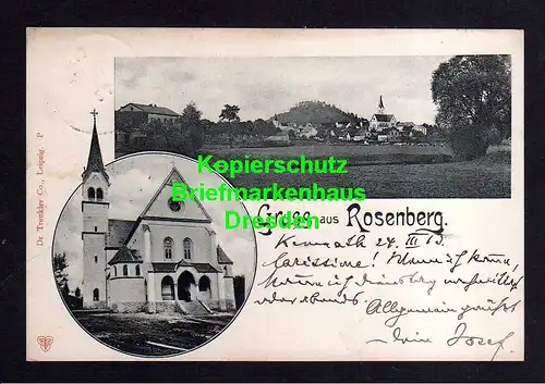 118624 AK Rosenberg um 1905 Kirche  Ortsansicht gelaufen Wenberg4