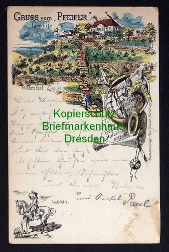 117435 AK Gruss vom Pfeiffer Lössnitz Wahnsdorf Jagdpfeifer 1898 Litho