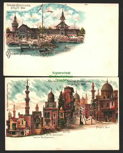 142798 2 AK Berlin Litho 1896 Gewerbe Ausstellung Fischerei Heiliger Brunnen