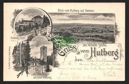 143955 AK Hutberg Kamenz 1900 Lessing Turm Hotel Wilhelm Böhme