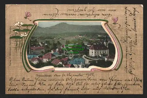 146893 AK Großschönau Sachsen 1902 Panorama mit Kirche Jugendstil Passepartout