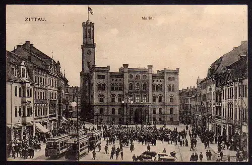 66504 AK Zittau 1917 Feldpost Markt Straßenbahn