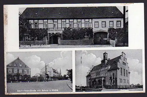 69848 AK Gröditz Richters Gasthof Schule Kirche Rathaus