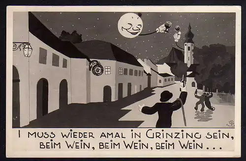 77596 AK Grinzing Wien 1942 Künstlerkartre Wein Mond Weinglas Kirche