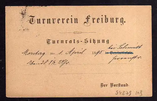 94879 AK Turnverein Freiburg Breisgau Einladung zur Turnrats Sitzung 1895