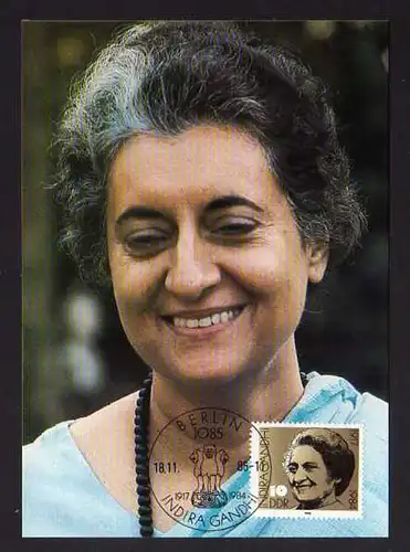 B162 DDR 3056 Maximumkarte 1986 69. Geburtstag von Indira Gandhi