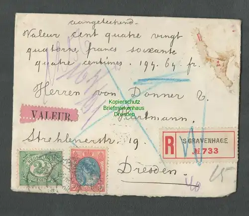 B4964 Brief Niederlande 1913 Wertbrief Valeur S´Gravenhage nach Dresden 5 Siegel