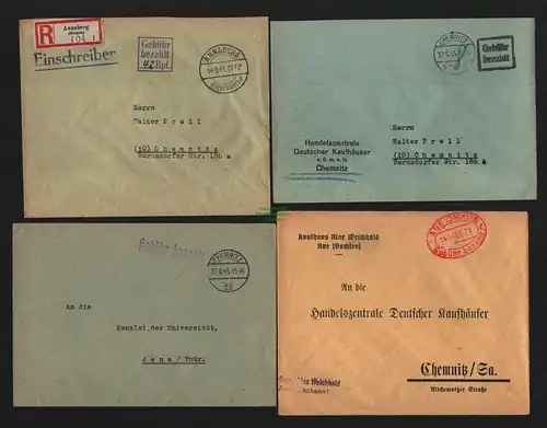B4566 4 Briefe Gebühr bezahlt Aue Chemnitz Annaberg Einschreiben 1945