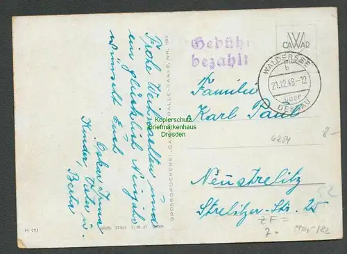 B6254 Postkarte SBZ Gebühr bezahlt 1945 Waldersee über Dessau