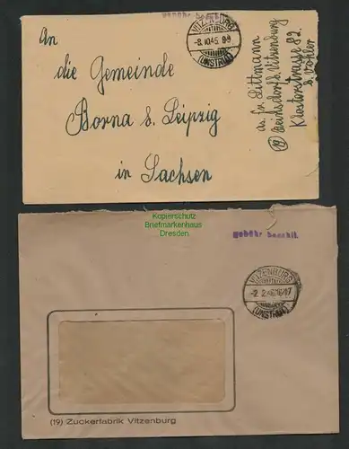 B6861 2x Brief Vitzenburg Unstrut 1945 Gebühr bezahlt Zuckerfabrik ; Reinsdorf