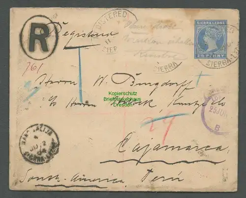 B6535 Brief Sierra Leone 1904 Einschreiben registered to Cajamarca Peru ü London