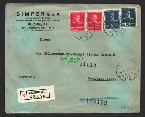 B8796 Brief Einschreiben Simper S. A. R. Rumänien Bucuresti 1943 Freiberg Zensur