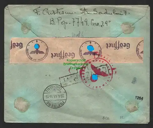 B8796 Brief Einschreiben Simper S. A. R. Rumänien Bucuresti 1943 Freiberg Zensur