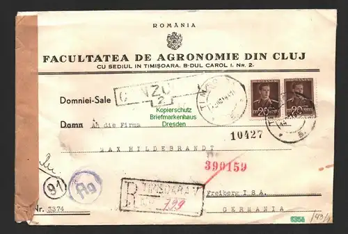 B8800 Brief Einschreiben Timisoara Rumänien 1943 Freiberg doppelte Zensur