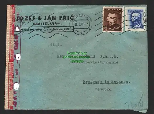 B8791 Slovakei Jozef & Jan Fric Bratislava 1944 verschiedene Zensur Stempel OKW