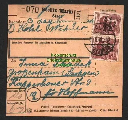 B8579 SBZ A195 MeF Paketkarte Beelitz Mark Stadt 1948 nach Grossenhain
