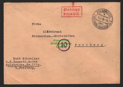 B8727 Brief Gebühr bezahlt Halsbrücke über Freiberg 1945