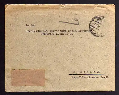 B993 SBZ Brief Gebühr bezahlt 1946 Krögis Rockendorf an Zentrale Suchkartei Münc