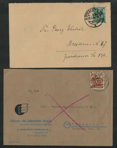 h5501 SBZ Handstempel Bezirk 14 2x Brief Dresden Zeitungs Zentrale Ortsbrief