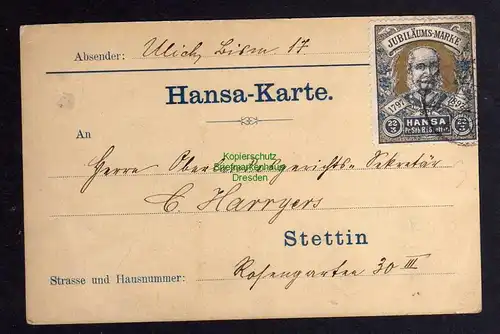 125070 Stettin Privatpost 1897 Hansa Karte Jubiläums-Marke Michel Nr. 6