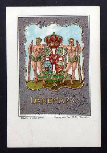 128273 AK Wappenkarte Dänemark um 1900 Kunstverlag Paul Kohl Chemnitz