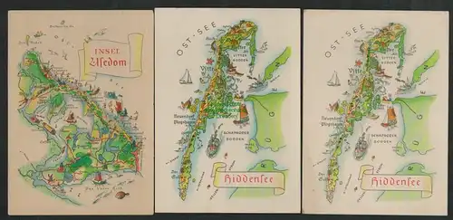 137833 3 AK Insel Usedom Hiddensee Landkarten AK Hoppe Leipzig