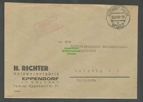 B5755 Gebühr bezahlt 1945 Brief Eppendorf Sachs. H. Richter Holzwarenfabrik