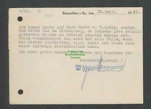 B5712 Gebühr bezahlt 1945 Postkarte Brunndöbra Vogtl. Otto Meinel - Georgadel