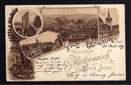 104444 AK Litho Osterode am Harz 1897 Aegidienkirche Markt Neue Post Bahnpost