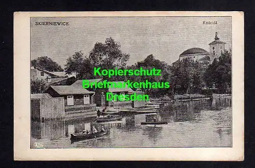 114255 AK Skierniewice See Teich Gondelstation Kirche Kosciol um 1920