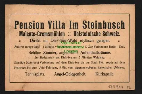 139901 AK Malente-Gremsmühlen Villa im Steinbusch Pension Dieck See Wald um 1925